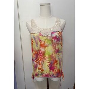 No Boundaries Tropical Palm Print Crochet Lace Racerback Tank Top Yellow Pink M
